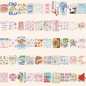 Puede incluir: Una colección de pegatinas gráficas coloridas con temas costeros y veraniegos, que incluyen sardinas, limones, conchas marinas, langostas, martinis y textos como Summer Book Club, Ciao Bella, Amalfi Coast Lovers Club y Coastal Cowgirl.