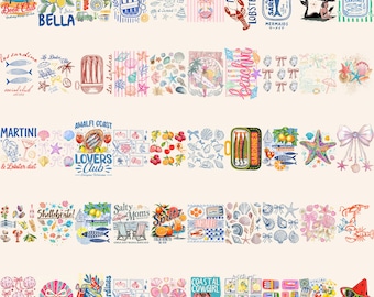 50 Coastal Summer PNG Bundle, Beach Bundle, Retro Preppy Coquette Ocean Designs, Lobster Sardines Cocktail Png, Vacation PNG