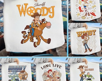 Paquete de 6 vaqueros de juguete PNG, Woody Jessie Buzz PNG, Diseño del Sheriff Woody, ¡Viva la Vaquera!, Camiseta de viaje familiar de Disney PNG, descarga digital