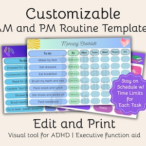 以下が含まれることがあります： カスタマイズ可能なAM/PMルーチンテンプレート。朝のチェックリストには、ベッドメイキングや朝食などのタスクが含まれ、それぞれに時間枠が設けられています。「Edit and Print」というテキストも含まれています。