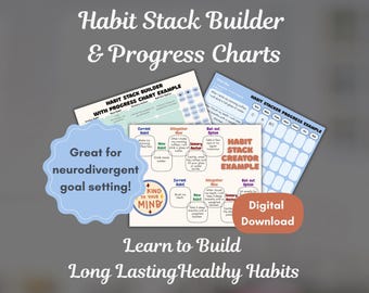 Habit Stack Builder & Progress Chart | Neurodivergent Tools New Years Goals Canva Template Digital Download Printable Goal Tracker 11 Pages