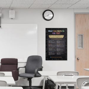 May include: A classroom scene featuring a poster with the text "What Can Math Do For You?" The poster is black with colorful text and graphics. Other elements include a whiteboard, chairs, tables, and a clock.