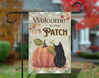 Vintage Fall Garden Flag Autumn Yard Decoration Cat Lover Gift Seasonal Flag Halloween Home Decor Pumpkin Black Cat Gingham Outdoor Banner