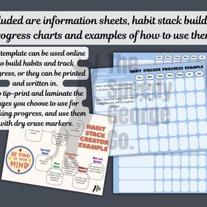 Op de afbeelding: Printbare gewoonte-tracker-sjablonen met informatiebladen, gewoonte-stack-bouwers en voortgangsgrafieken. De sjablonen bevatten de tekst "Be Kind To Your Mind" en "Habit Stacker Progress Example". Ze kunnen online of afgedrukt worden gebruikt.
