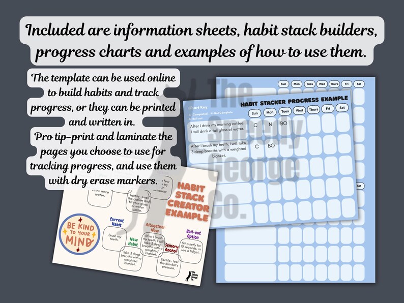Op de afbeelding: Printbare gewoonte-tracker-sjablonen met informatiebladen, gewoonte-stack-bouwers en voortgangsgrafieken. De sjablonen bevatten de tekst "Be Kind To Your Mind" en "Habit Stacker Progress Example". Ze kunnen online of afgedrukt worden gebruikt.
