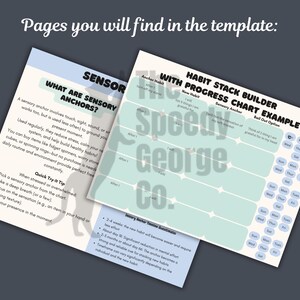 Op de afbeelding: Twee afdrukbare pagina's van een sjabloon, &eacute;&eacute;n met de titel "Wat zijn sensorische ankers?" en de andere "Habit Stack Builder". De pagina's zijn lichtblauw en wit met zwarte tekst. Het Speedy George Co. logo staat in het midden.