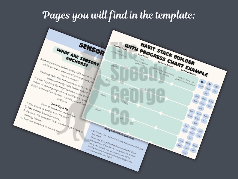 Op de afbeelding: Twee afdrukbare pagina's van een sjabloon, &eacute;&eacute;n met de titel "Wat zijn sensorische ankers?" en de andere "Habit Stack Builder". De pagina's zijn lichtblauw en wit met zwarte tekst. Het Speedy George Co. logo staat in het midden.