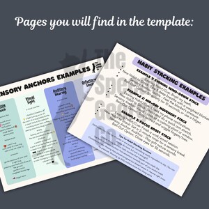 Op de afbeelding: Twee witte pagina's met tekst, getiteld "Voorbeelden van sensorische ankers" en "Voorbeelden van gewoonte stapelen", worden weergegeven op een donkergrijze achtergrond. De pagina's bevatten lijsten en voorbeelden. De bovenkant van de afbeelding heeft de tekst "Pagina's die u in de sjabloon zult vinden:"