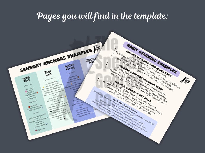 Op de afbeelding: Twee witte pagina's met tekst, getiteld "Voorbeelden van sensorische ankers" en "Voorbeelden van gewoonte stapelen", worden weergegeven op een donkergrijze achtergrond. De pagina's bevatten lijsten en voorbeelden. De bovenkant van de afbeelding heeft de tekst "Pagina's die u in de sjabloon zult vinden:"