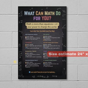 May include: A black poster with white text and colourful accents, displayed against a white brick wall. The poster's title is "What Can Math Do For You?" with a size estimate of 61cm x 91cm. It lists various math-related career options.