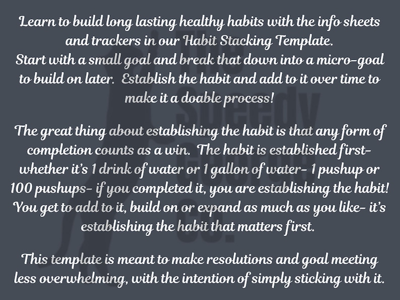 Op de afbeelding: Donkergrijze achtergrond met witte tekst die een gewoonte-stapel-sjabloon promoot. De tekst legt uit hoe je gezonde gewoonten kunt opbouwen door klein te beginnen, de gewoonte te vestigen en deze in de loop van de tijd uit te breiden. De sjabloon is bedoeld om het stellen van doelen minder overweldigend te maken.