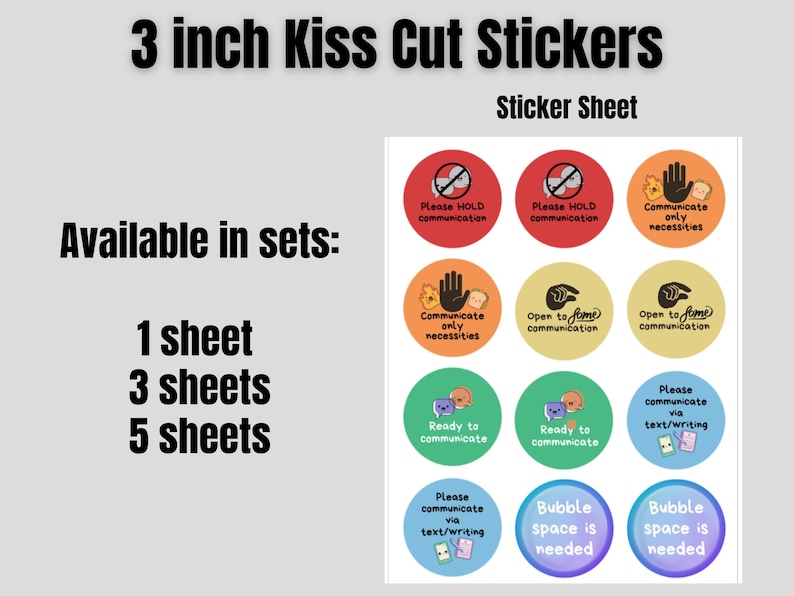 May include: 3-inch kiss-cut sticker sheet with various communication-themed designs. The stickers are available in sets of 1, 3, or 5 sheets. The circular stickers feature phrases like "Please HOLD communication" and "Bubble space is needed."