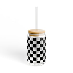 Checkered Sipper Glass - 16oz, Mason Jar Style Drinkware, Perfect for Parties, Picnics, Home Decor, Gifts for Friends