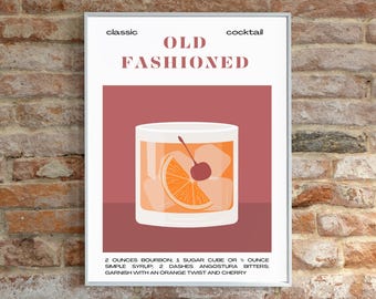 Old Fashioned Cocktail Recipe Print: Vintage Bar Cart Art (Digital Download)