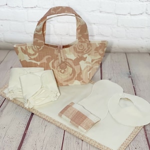 Doll Diaper Bag Set- Boho Dusty Rose, Christmas Gift for Girl, Pretend Play, Doll Diapers & Accessories, Child Purse, Dress Up Toy