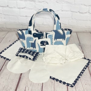 Doll Diaper Bag Set- Dino Blue, Christmas Gift for Girl, Pretend Play, Doll Diapers & Accessories, Child Purse, Dress Up Toy
