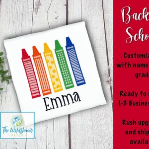 Back to School Kindergarten Shirt, Embroidered, Custom Girl Shirt, Short Sleeves Crayons Pastel Primary Name