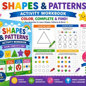 Peut inclure: Un ensemble de 5 cahiers d'exercices PDF sur les formes et les motifs pour les 3-6 ans. La couverture présente des formes colorées, un arc-en-ciel et un soleil. Les pages incluent des exercices de coloriage, de motifs et de logique.
