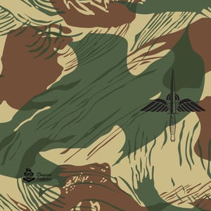May include: A camouflage design in green, brown, and beige. A black emblem of a winged dagger is on the right. The pattern has a textured look, with curved and straight lines. The logo "Dragon Supplies" is in the lower left corner.