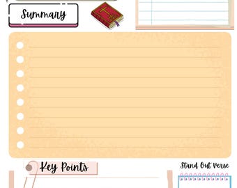 May include: A digital planner page with sections for "Book," "Chapter," and "Summary." Includes a small illustration of a book and areas for "Date," "Note," "Key Points," and "Stand Out Verse." The page has a light yellow and pink color scheme.