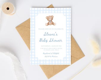 Gingham Baby Shower Invitation, Blue Gingham Invitation, Baby Shower Invitation