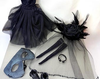 Gothic Blythe Outfit Set with Mask, Veil, Stockings & Garter – Dark Fantasy Doll Clothes