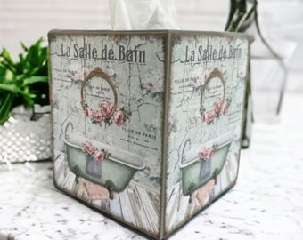 French Country Wooden Tissue Box Cover: Decoupage Bathroom Decor