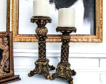 Set of 2 Pedestal Pillar Candle Holders, Elegant Candle Holders, Upscale Home Decor, Pedestal Candle Holders