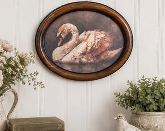 Oval Swan Wall Art on Canvas – Framed Cottagecore Swan Print – Moody Rustic Farmhouse Decor