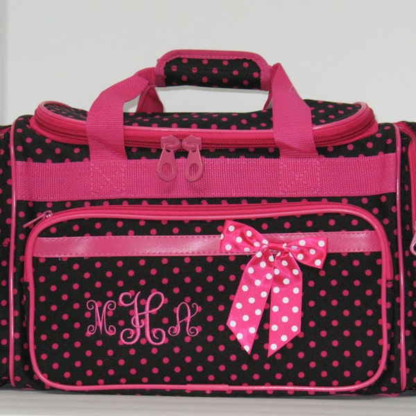 Personalized 20" Duffel Bag,  Black with Fuchsia Polka Dots with Fuchsia Trim, Girls Duffel Bag, Fuchsia Duffel Bag