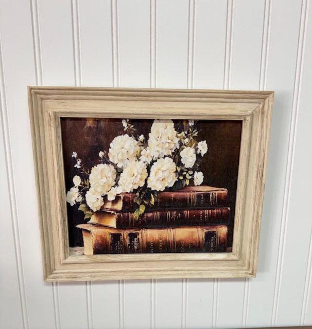 Vintage Floral Still Life on Books | Framed Canvas Wall Art | Rustic ...