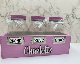 Personalized Save Spend Give Bank: Kids Money Jar Set
