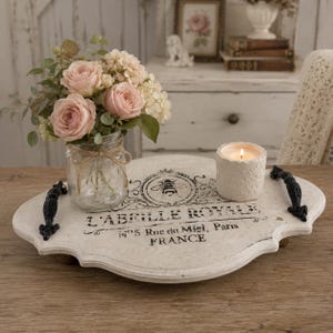 Rustic French Country Wooden Riser/Tray with Black Metal Handles | Farmhouse Decorative Pedestal | Kitchen Counter Centerpiece | 12 x 20