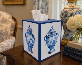 Chinoiserie Tissue Box Cover-Blue and White – Decorative Square Tissue Holder – Traditional Home Decor