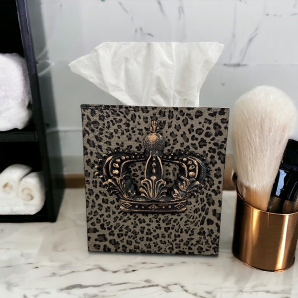 Crown Tissue Box Cover,  Leopard Print Tissue Box, Black and Gold Tissue Box, Animal Print Decor