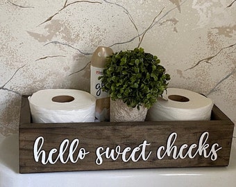 Toilet Paper Box-Toilet Paper Storage-Rustic Wood Box-Back Of Toilet Tray-Hello Sweet Cheecks- Toilet Tank Box-Bathroom Decor Box