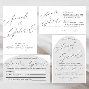 May include: Elegant wedding invitation suite featuring the names "Amanda & Gabriel" in a stylish script font. The set includes various cards with event details, RSVP information, and a soft, neutral color palette.