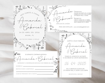 Invitacion de Boda Digital - sjabloon voor bloemenhuwelijksuitnodiging | Spaanse bewerkbare canva (digitale download)