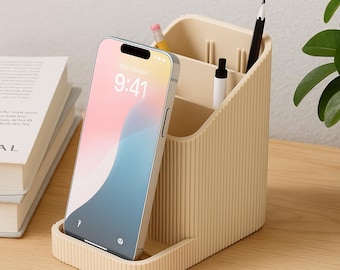 Beige Desk Organizer with Phone Stand: Modern Pen Holder, Office Storage, Minimalist Workspace Accessory