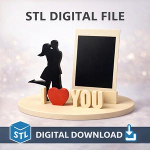 May include: A cream-colored decorative piece with a black silhouette of a couple embracing, a red heart, and the words "I YOU". A black rectangle is in the center. The text "STL DIGITAL FILE" and "DIGITAL DOWNLOAD" are also present.