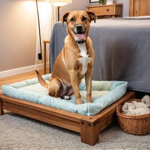 Op de afbeelding: Een lichtbruine hond zit op een houten hondenbed met een lichtblauw kussen. Het bed is rechthoekig met een verhoogd frame. Een rieten mand met een witte deken staat ernaast. De hond draagt een zwarte halsband.