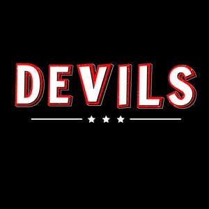 May include: Black background with the word "DEVILS" in large, white, block letters with a red outline. Below the word is a white line with three white stars. The text has a distressed, vintage look.