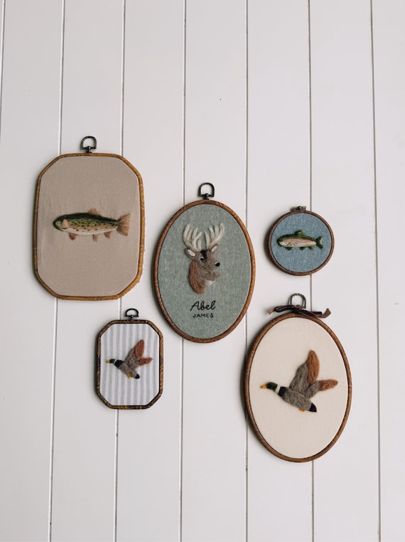 Needle Felt Woodland Wall Art Set, Hunting Nursery Decor, Deer Duck Fish Hoop Art, Rustic Boys Room Decor