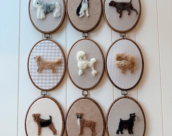 Custom Needle Felt Dog Portraits – Handmade Wool Pet Art in Embroidery Hoop | Personalized Dog Breed Wall Decor, Gift for Dog Lovers
