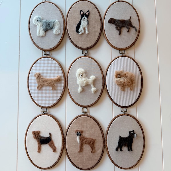 Retratos personalizados de cães em feltro agulhado – Arte artesanal em lã para animais de estimação em bastidor de bordado | Decoração de parede personalizada com a raça do seu cão, presente para amantes de cães