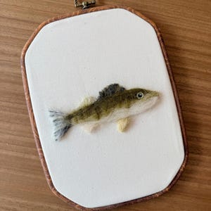 May include: A needle-felted fish wall hanging featuring a textured olive green and white wool fish centered on a white fabric background. The piece is mounted in a rectangular wooden frame with rounded corners and a small metal hanging loop at the top.
