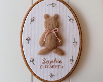 Felted Teddy Bear Nursery Wall Art – Handmade Needle Felt Hand Embroidery Hoop – Heirloom Baby Room Décor