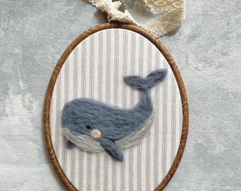 Needle Felt Whale Wall Hanging – Handcrafted Ocean Nursery Decor in Embroidery Hoop - Ocean Animal Decor