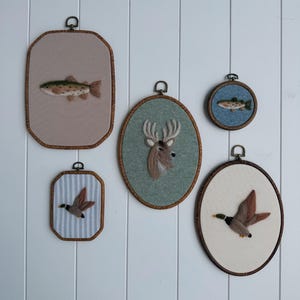 Needle Felt Woodland Wall Art Set, Hunting Nursery Decor, Deer Duck Fish Hoop Art, Rustic Boys Room Decor image 1