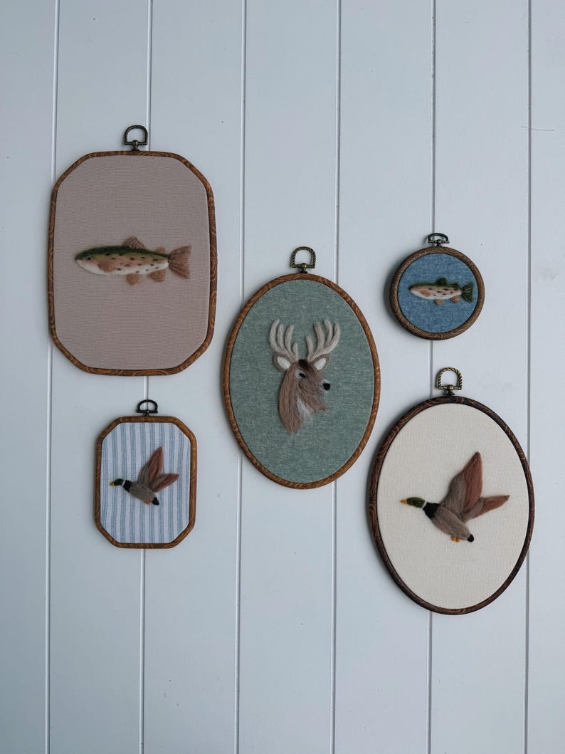 Needle Felt Woodland Wall Art Set, Hunting Nursery Decor, Deer Duck Fish Hoop Art, Rustic Boys Room Decor image 1